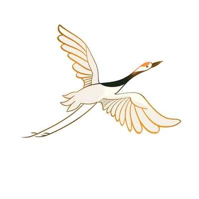 A white crane flying with open wings.