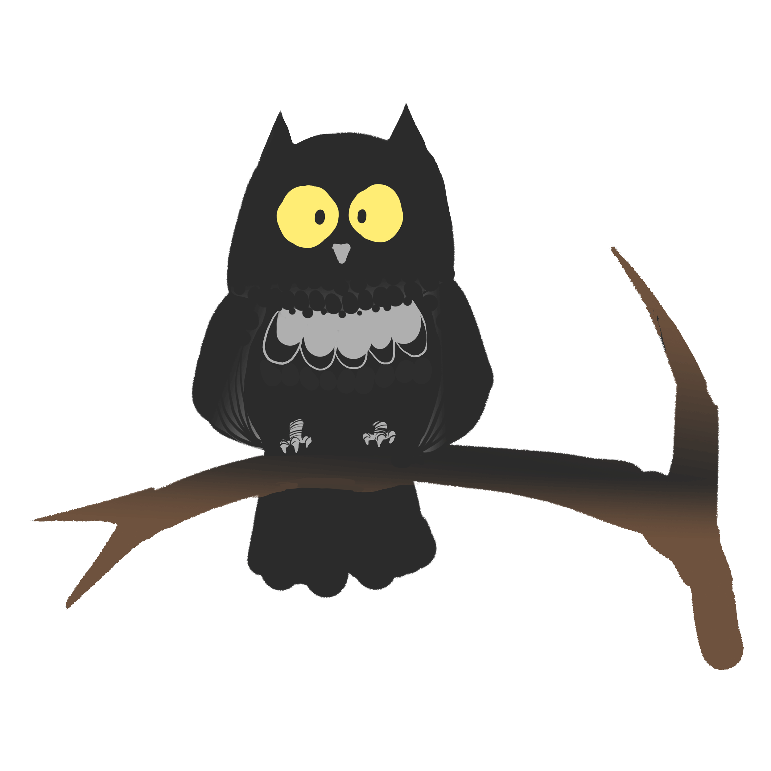 A black owl perched on a branch. GIF
