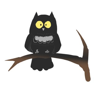 A black owl perched on a branch.