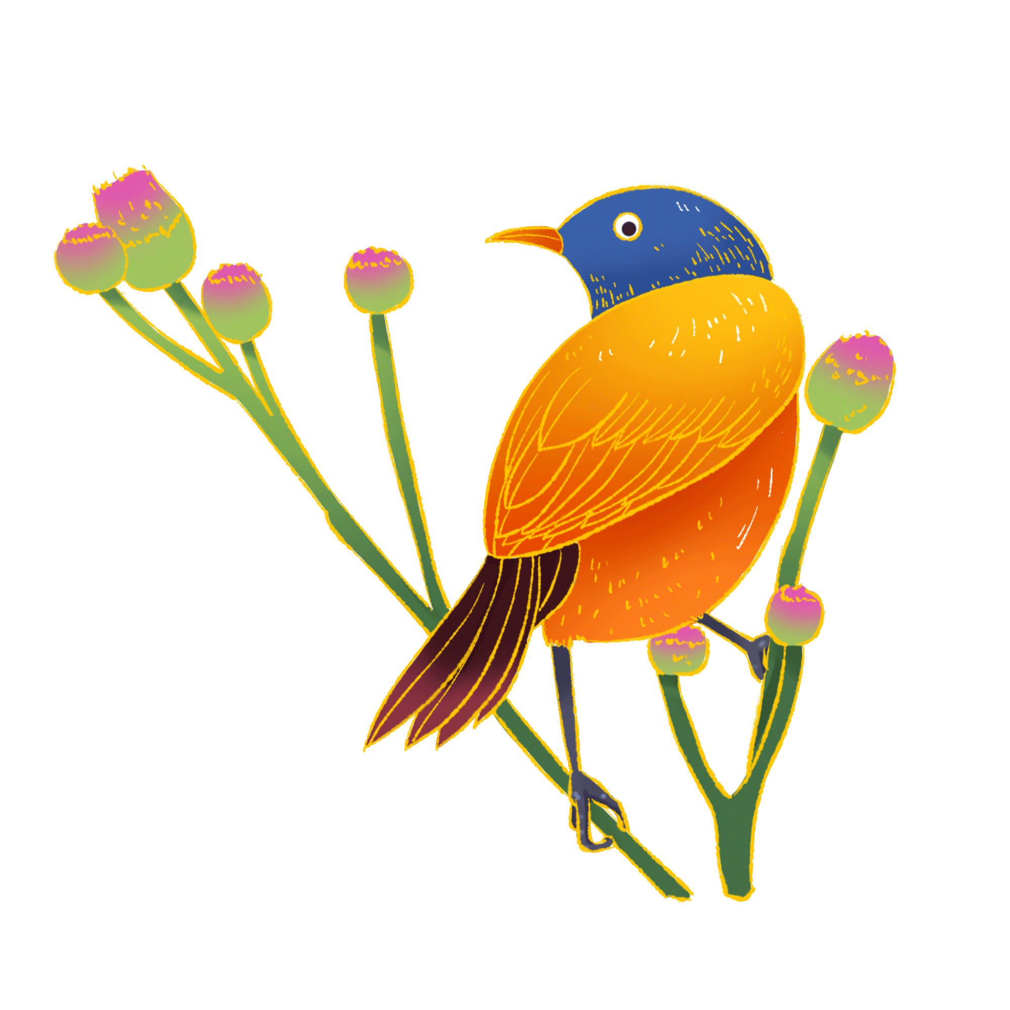 An orange bird sitting among pink flowers. GIF