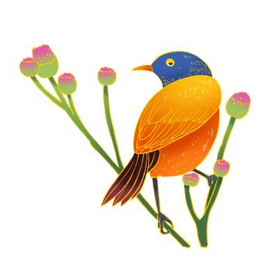 An orange bird sitting among pink flowers.