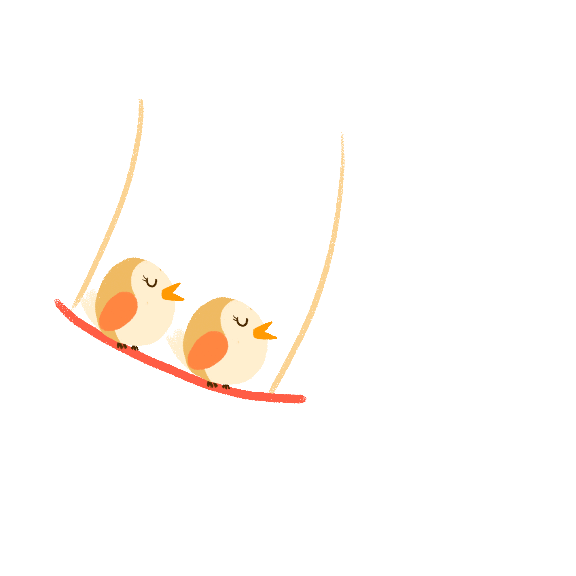 Two little birds singing on a swing. GIF