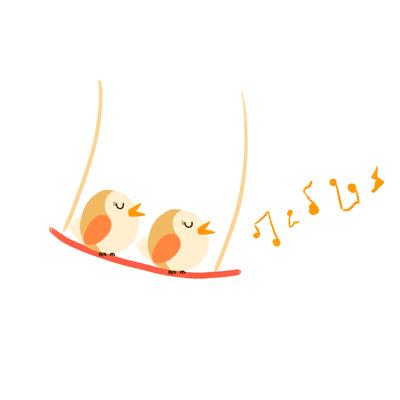 Two little birds singing on a swing. GIF