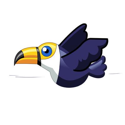 A blue toucan with a huge orange beak.