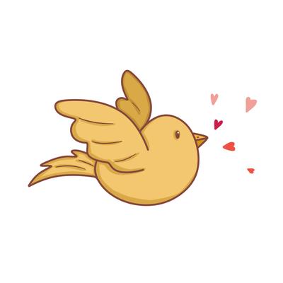 A yellow chick flying among hearts.